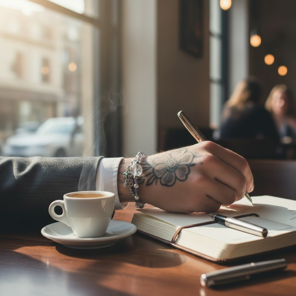 Black Herkimer Diamond Charm + Iolite w/ Akoya Pearl Bracelet