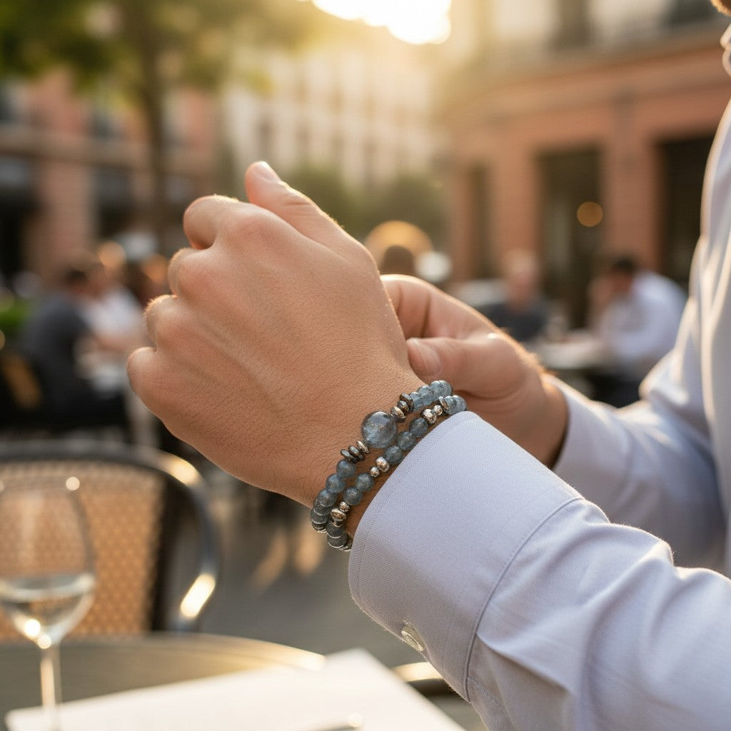 Black Sunstone w/ Devil Blue Aquamarine Dual -Loop Bracelet