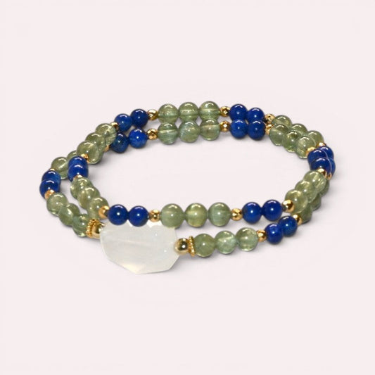 Moonstone Charm + Green Rutilated Tourmaline Quartz w/ Lapis Lazuli Dual- Loop Bracelet