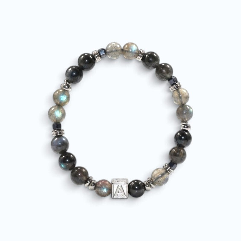 Letter A | Grey Moonstone & Black Auralite Bracelet