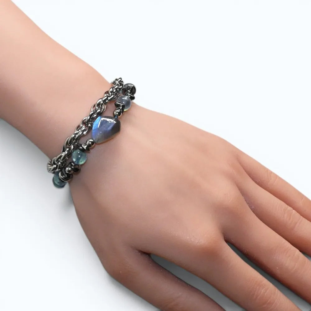Labradorite Charm + Aquamarine Phantom Quartz w/ Sweden Meteorite Bracelet