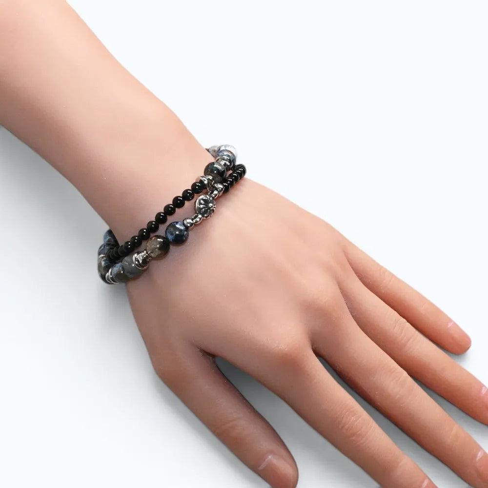 Silver Chrome Heart Charm + Pietersite w/ Hypersthene Bracelet