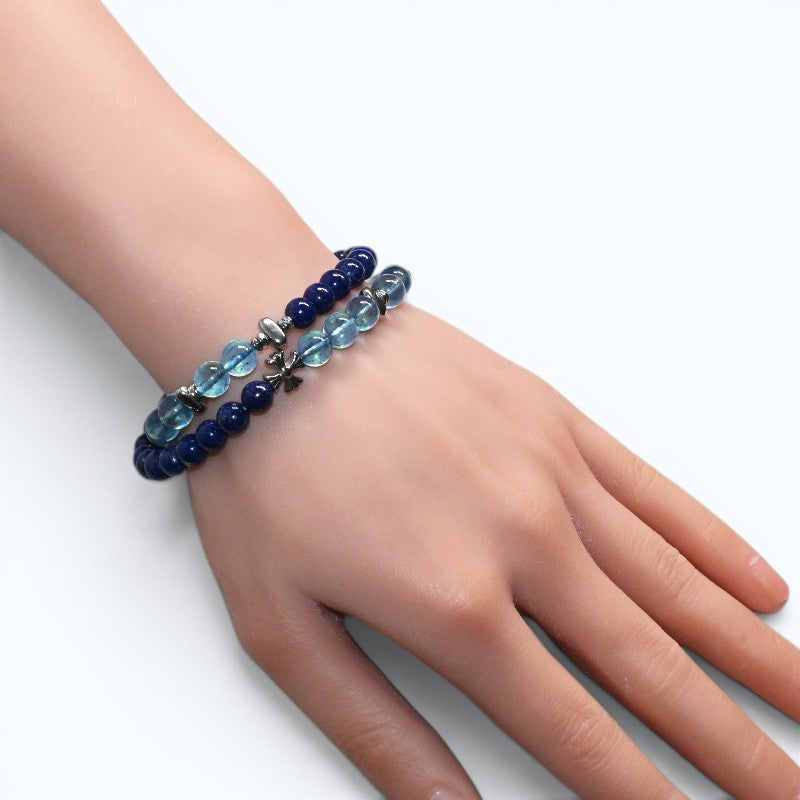 Silver Chrome Heart Cross Charm + Aquamarine Phantom Quartz w/ Lapis Lazuli Bracelet