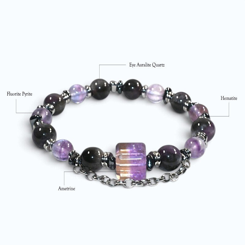 Ametrine Charm + Fluorite Pyrite w/ Eye Auralite Quartz Bracelet