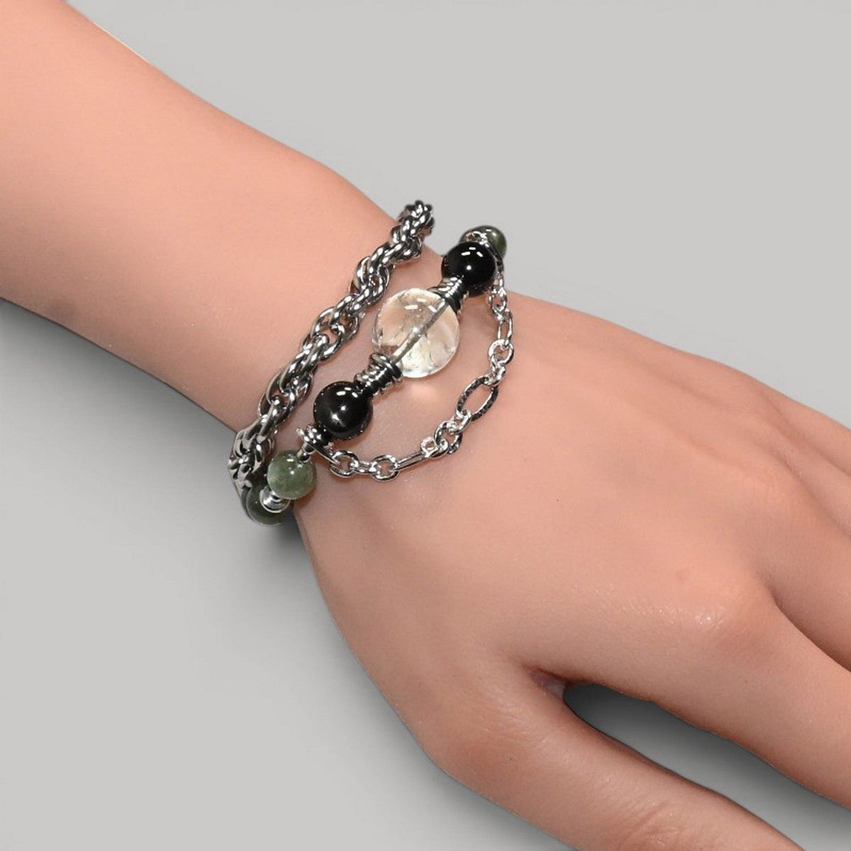 Green Crystal Charm + Green Lithium Mica w/ Hypersthene Bangle