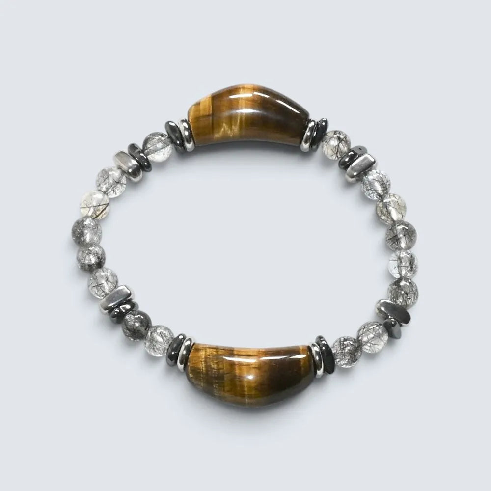 Double Tiger Eye Charm w/ Black Rutilated Quartz Bracelet