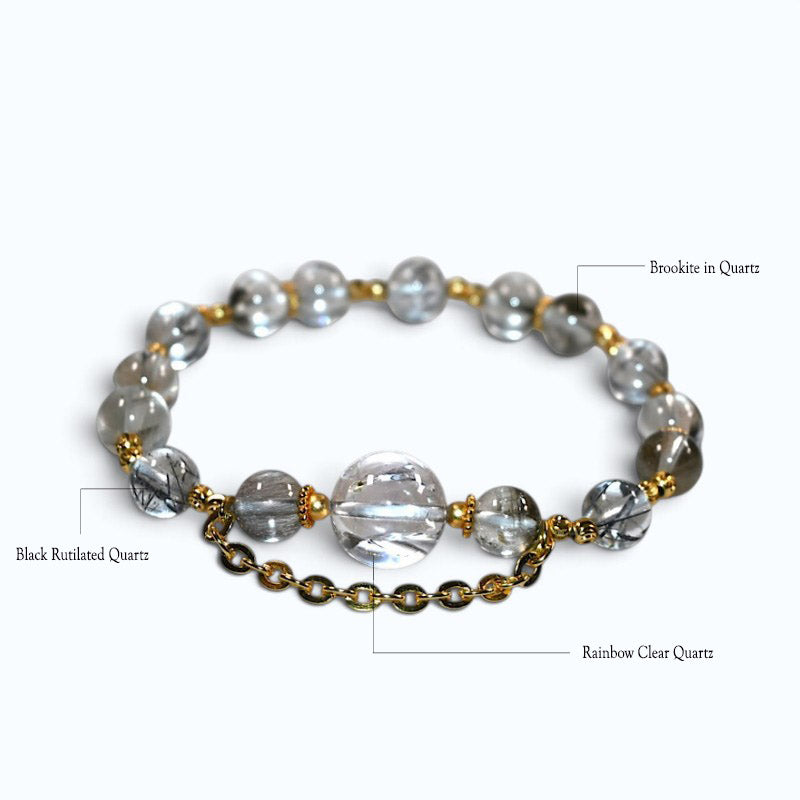 Rainbow Clear Quartz Charm + Black Rutilated Quartz w/ Brookite in Quartz Bracelet