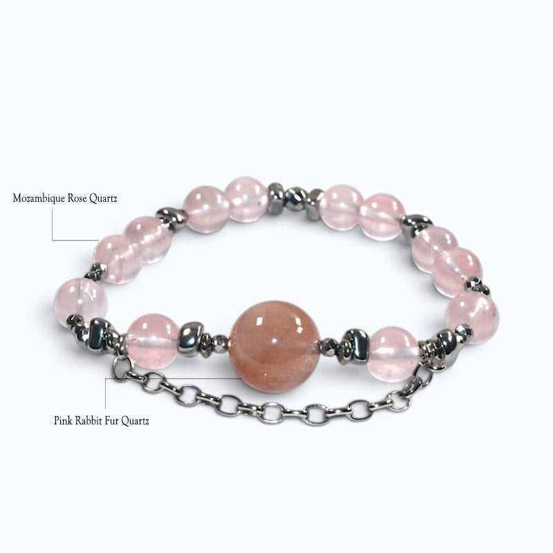 Pink Rabbit Fur Quartz Charm w/ Mozambique Rose Quartz Bracelet