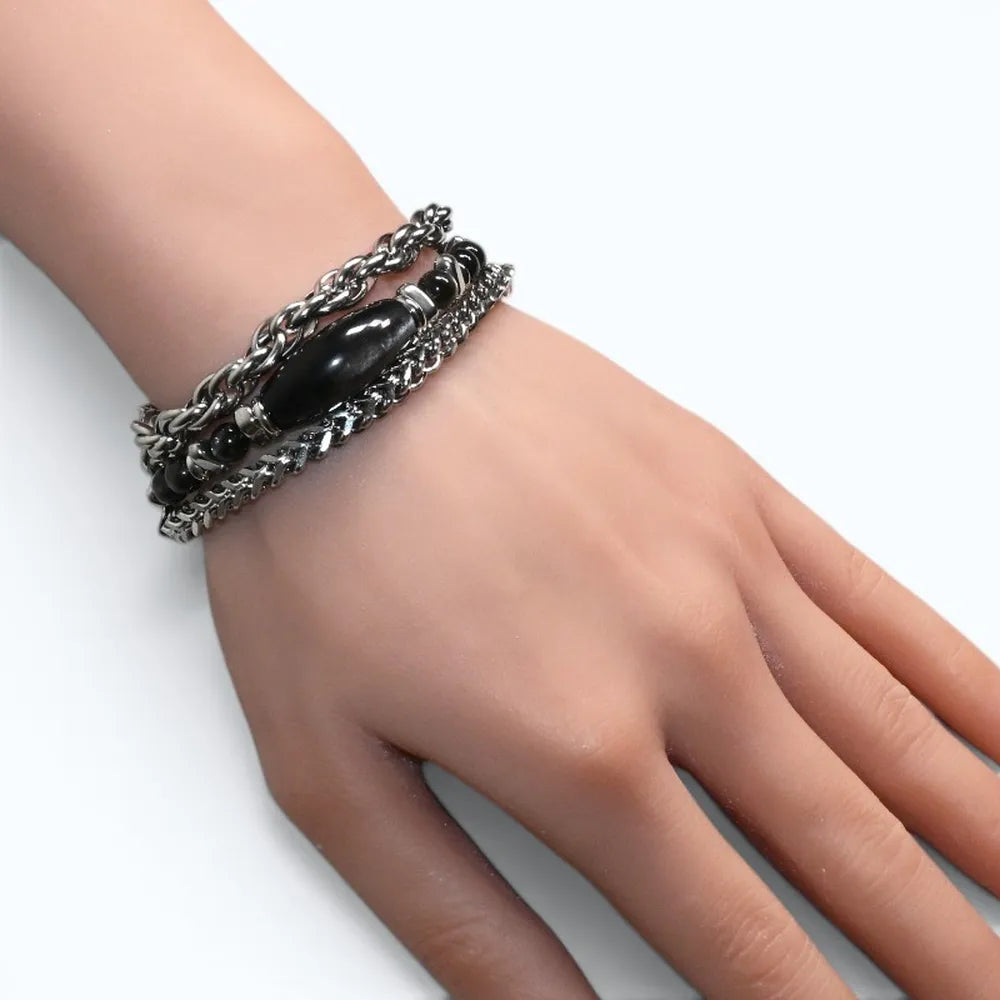Double Silver Obsidian Charm w/ Black Skeletal Sunstone Bracelet