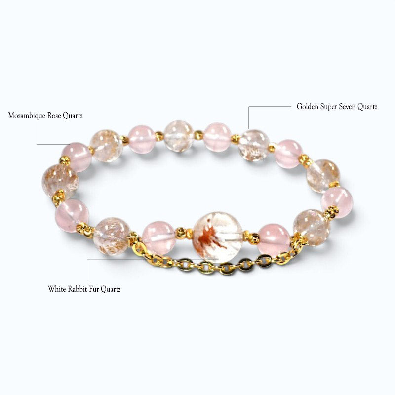 White Rabbit Fur Quartz Charm + Golden Super Seven Quartz w/ Mozambique Rose Quartz Bracelet