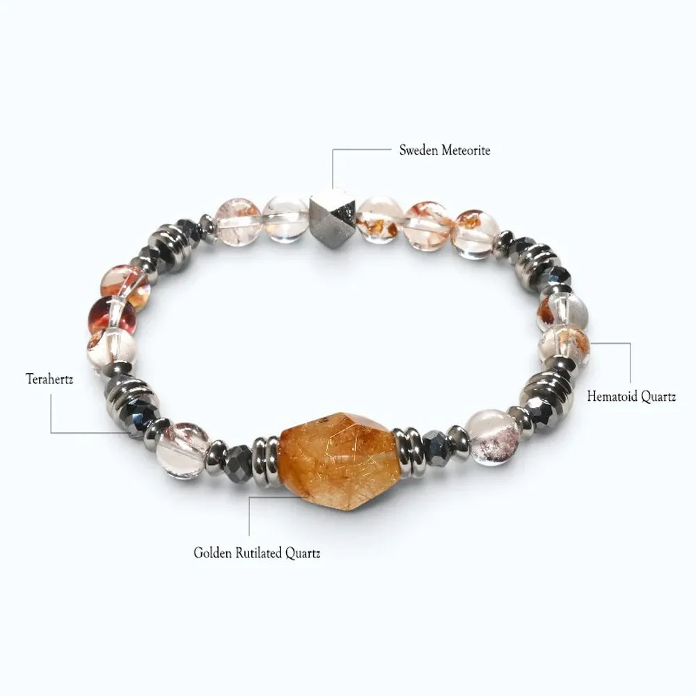 Golden Rutilated Quartz Charm + Hematoid Quartz w/ Sweden Meteorite Bracelet