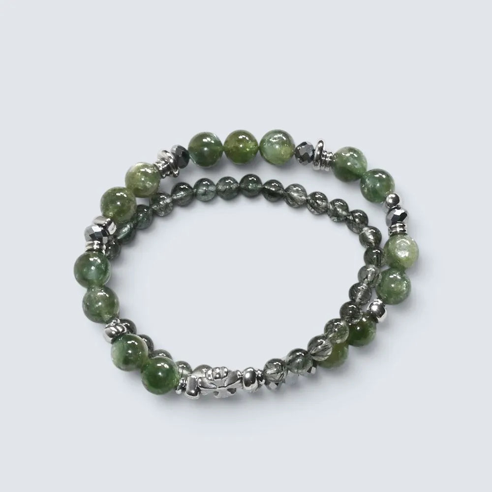 Silver Chrome Heart Cross Charm + Green Lepidolite Quartz w/ Green Rutilated Quartz Bracelet