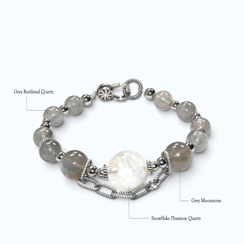 Snowflake Phantom Charm + Grey Rutilated Quartz w/ Grey Moonstone Bangle