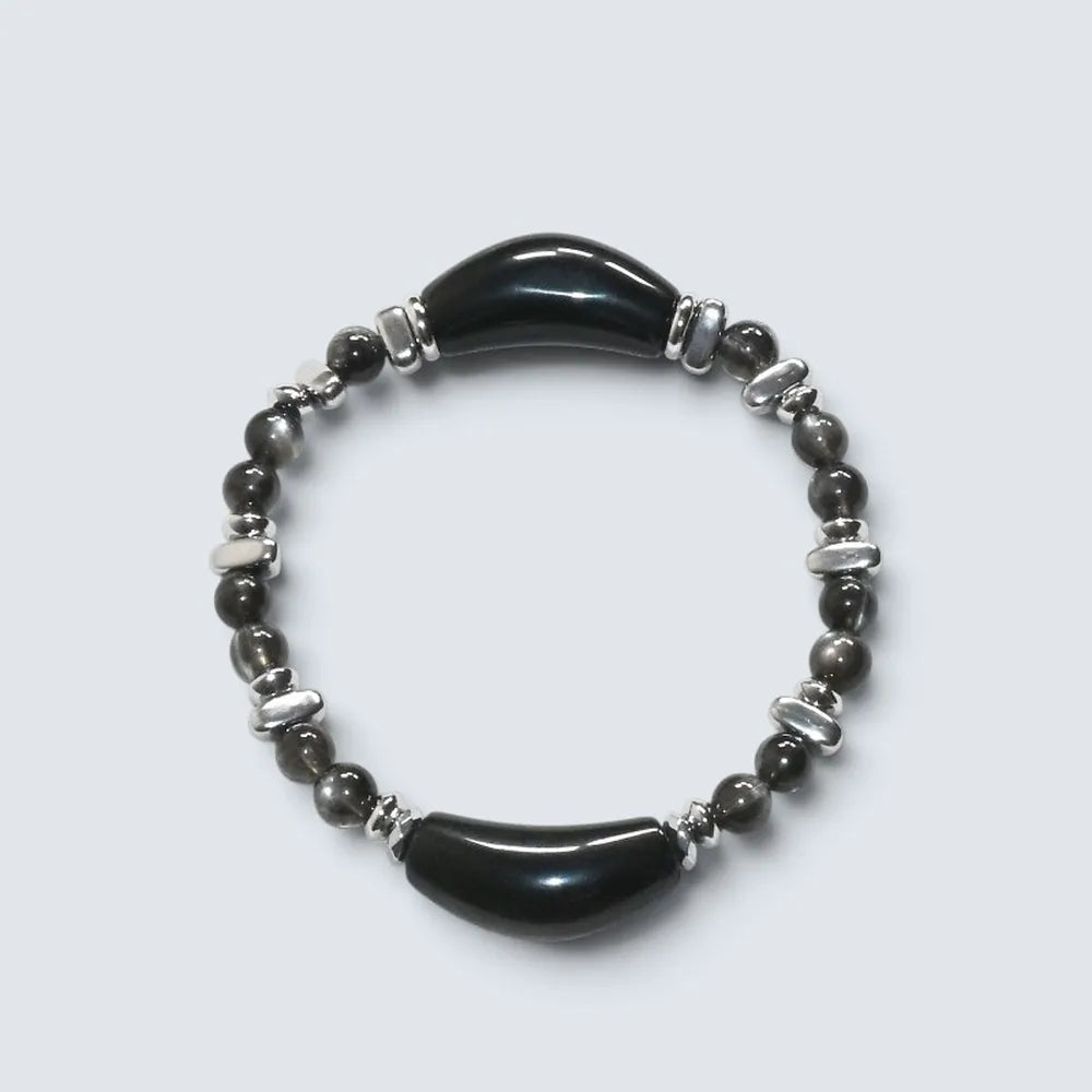 Double Silver Obsidian Charm w/ Black Skeletal Sunstone Bracelet