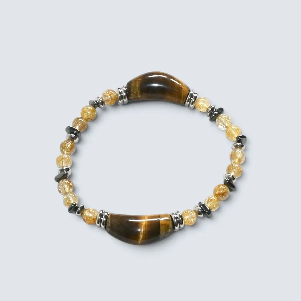 Double Tiger Eye Charm w/ Golden Titanium Rutilated Quartz Bracelet