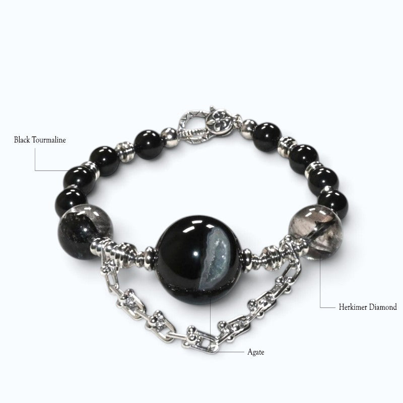 Agate Charm + Black Tourmaline w/ Herkimer Diamond Bangle