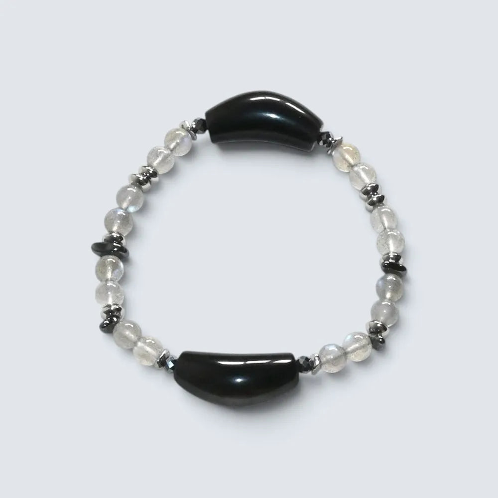 Double Silver Obsidian Charm w/  Grey Moonstone Bracelet
