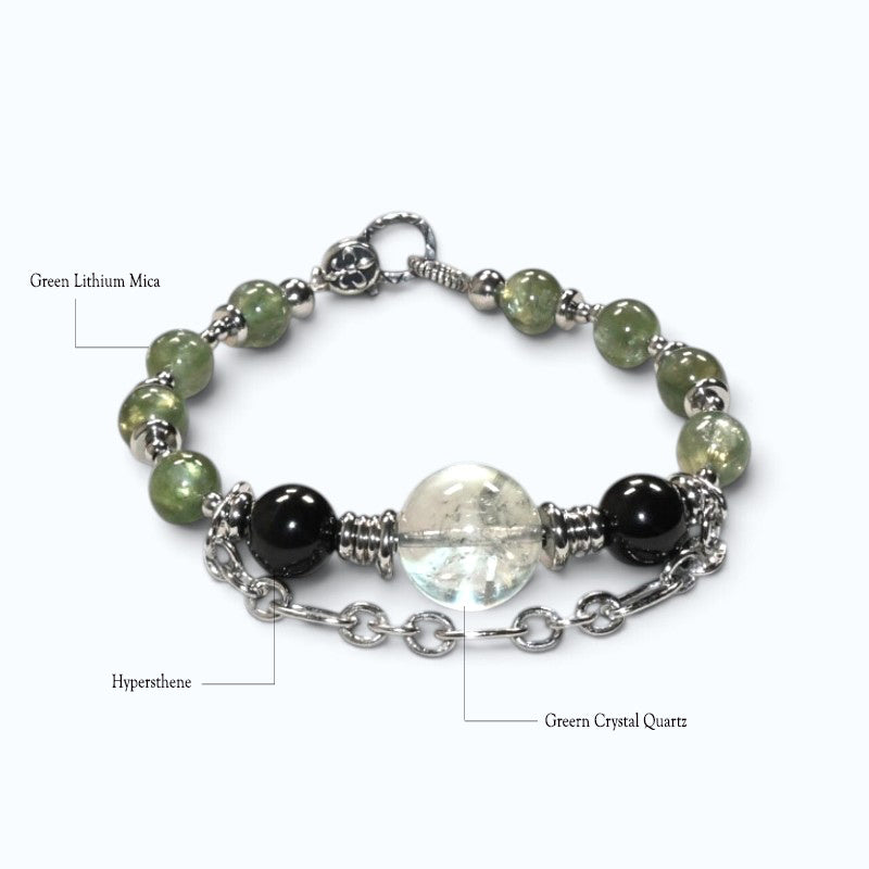 Green Crystal Charm + Green Lithium Mica w/ Hypersthene Bangle