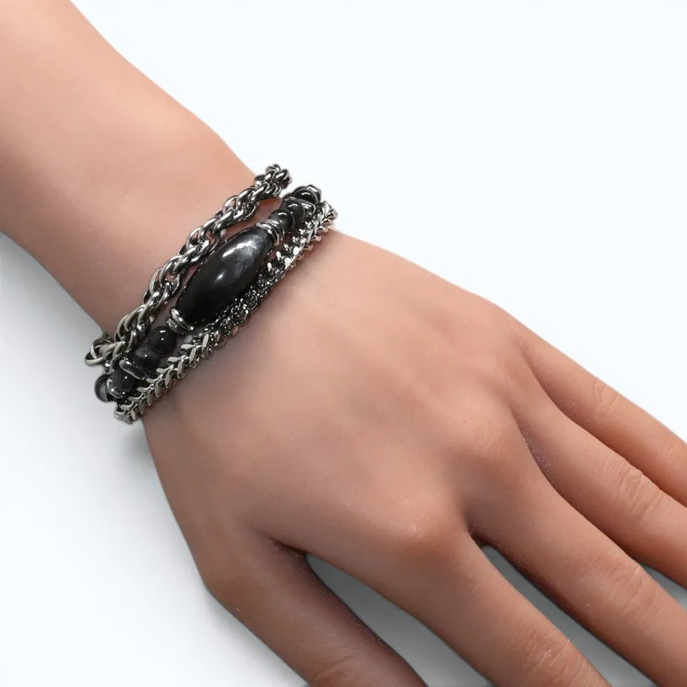 Double Silver Obsidian Charm w/ Black Auralite Bracelet