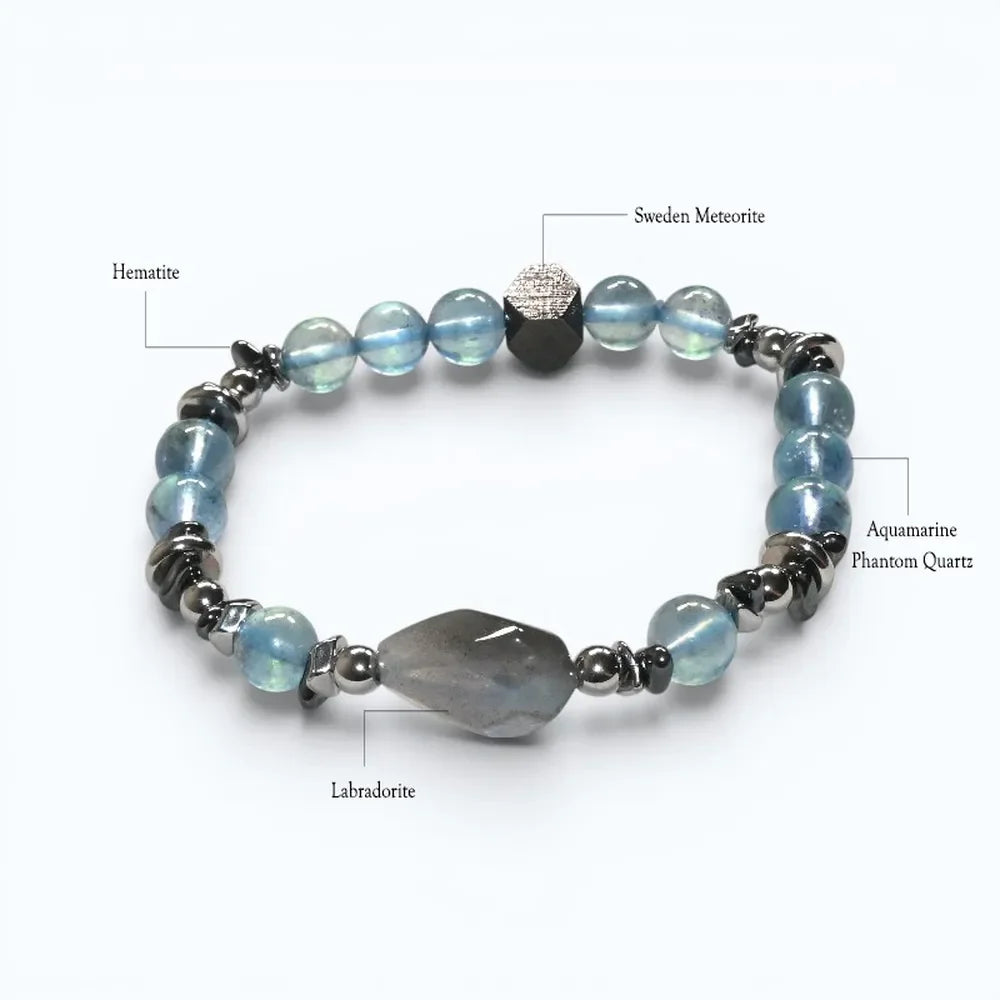 Labradorite Charm + Aquamarine Phantom Quartz w/ Sweden Meteorite Bracelet