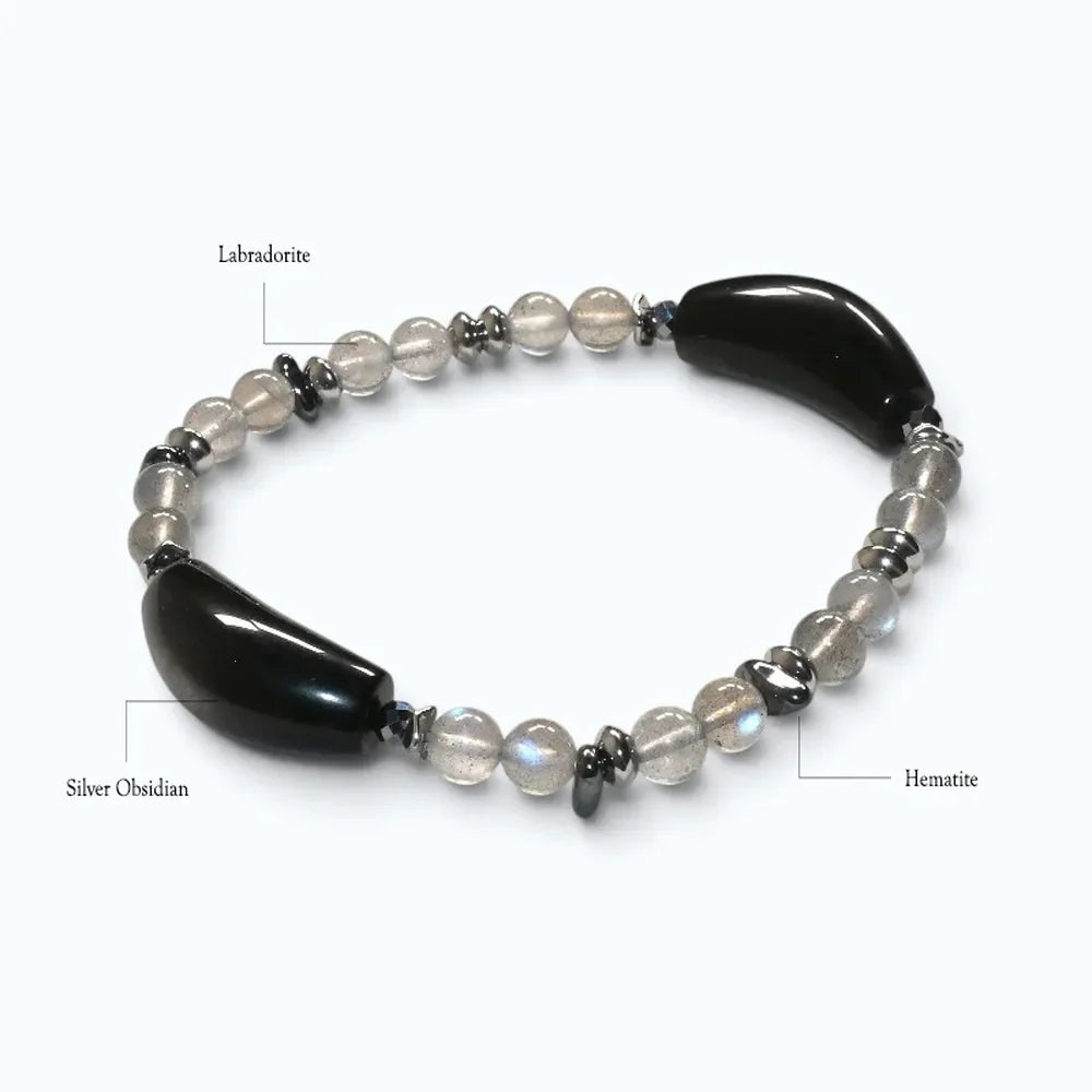 Double Silver Obsidian Charm w/  Grey Moonstone Bracelet