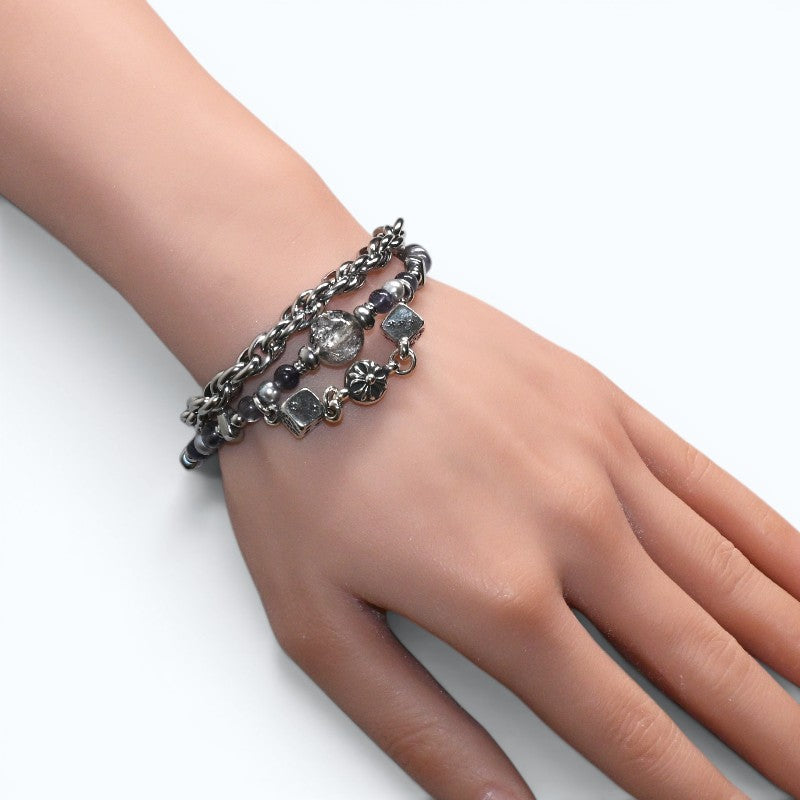 Black Herkimer Diamond Charm + Iolite w/ Akoya Pearl Bracelet