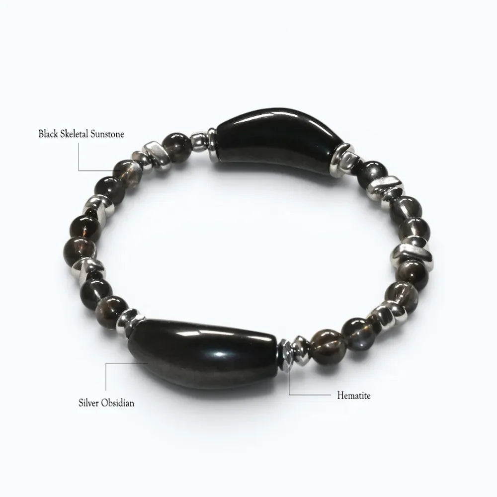 Double Silver Obsidian Charm w/ Black Skeletal Sunstone Bracelet