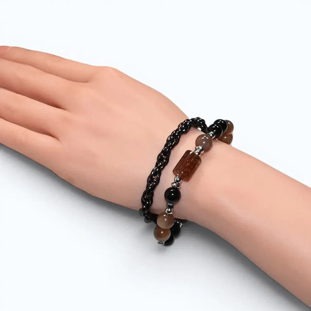 Blackgold Super Seven Quartz Charm + Peach Moonstone w/ Black Tourmaline Quartz Bracelet