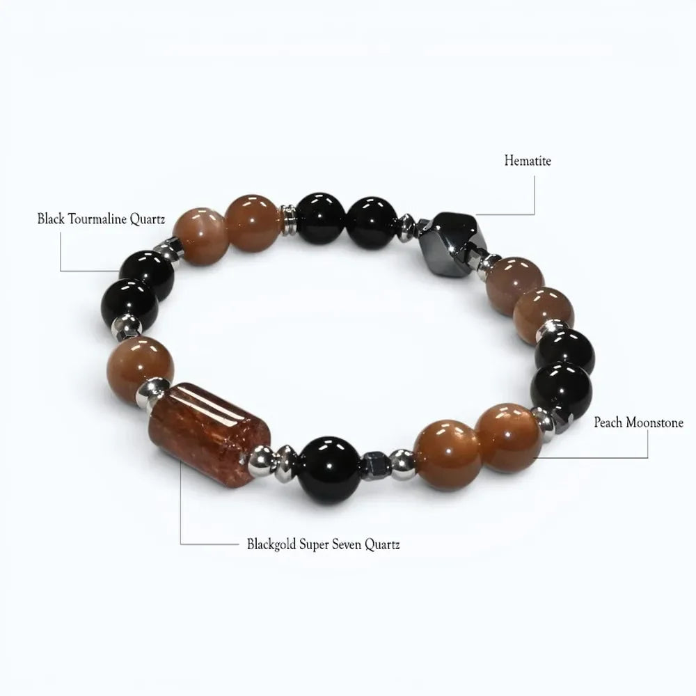 Blackgold Super Seven Quartz Charm + Peach Moonstone w/ Black Tourmaline Quartz Bracelet
