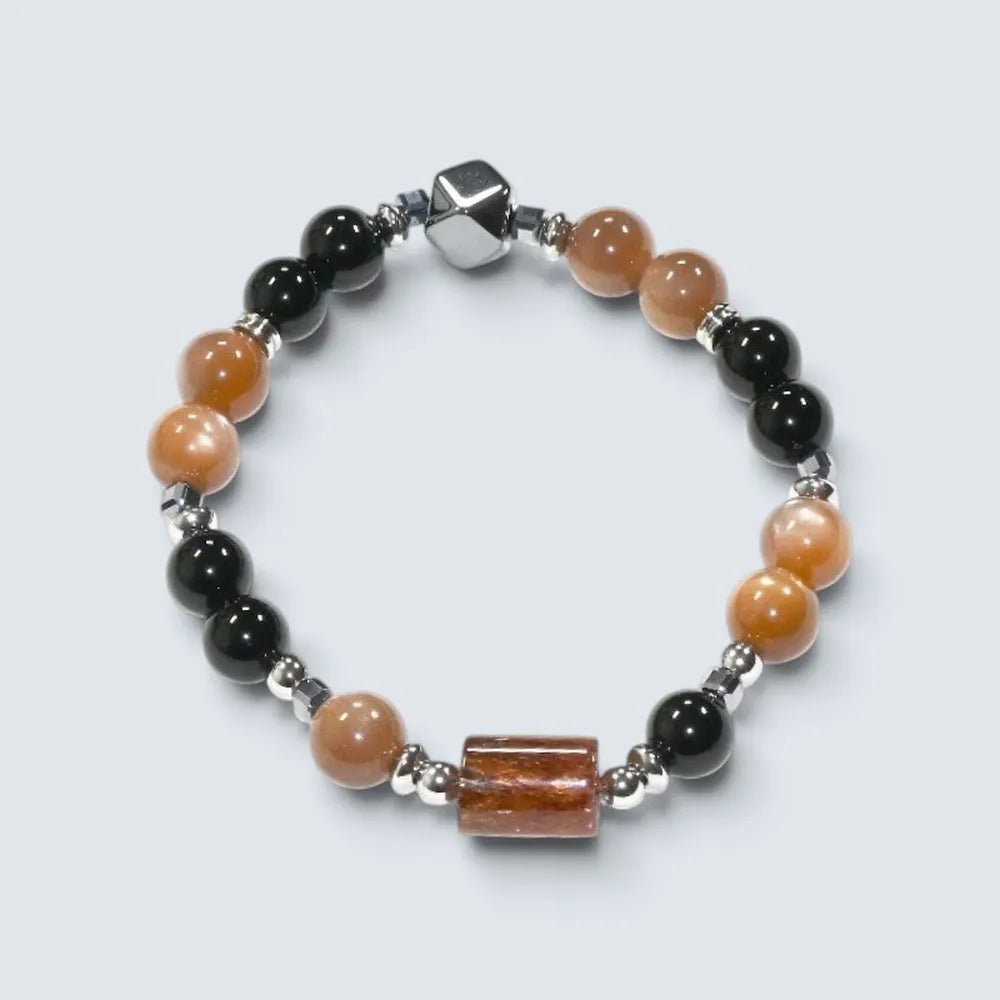 Blackgold Super Seven Quartz Charm + Peach Moonstone w/ Black Tourmaline Quartz Bracelet