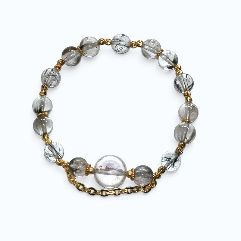 Rainbow Clear Quartz Charm + Black Rutilated Quartz w/ Brookite in Quartz Bracelet
