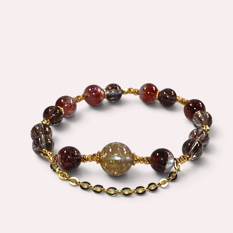Golden TitaRutilated Quartz Charm + lepidocrocite Super Seven w/ Red Copper Rutilated Quartz Bracelet