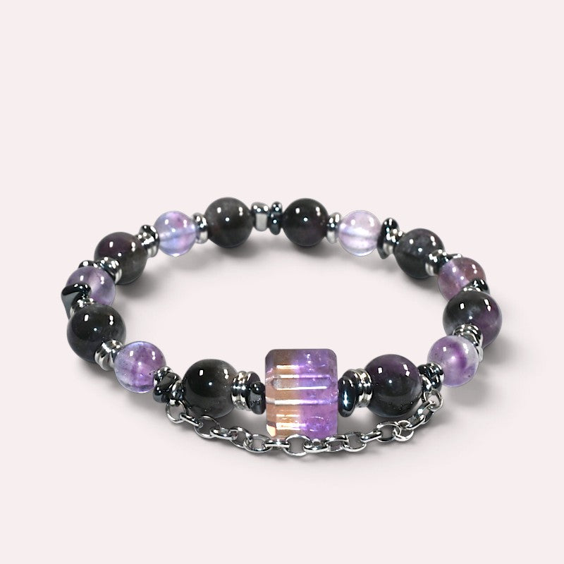 Ametrine Charm + Fluorite Pyrite w/ Eye Auralite Quartz Bracelet