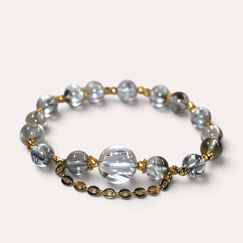 Rainbow Clear Quartz Charm + Black Rutilated Quartz w/ Brookite in Quartz Bracelet