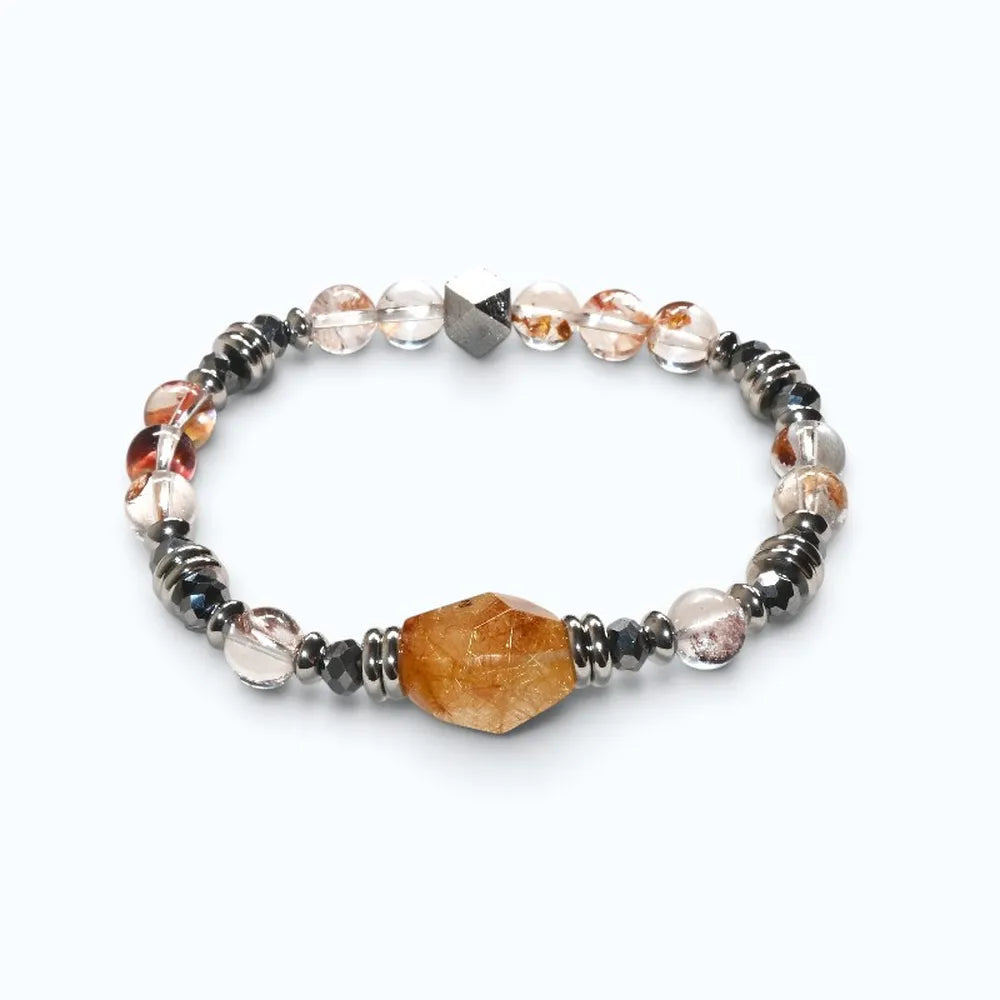 Golden Rutilated Quartz Charm + Hematoid Quartz w/ Sweden Meteorite Bracelet