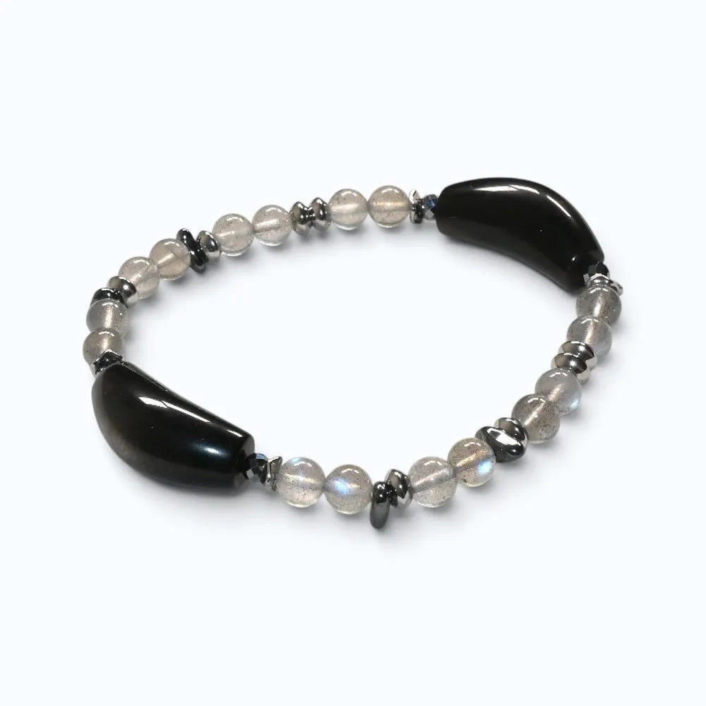 Double Silver Obsidian Charm w/  Grey Moonstone Bracelet