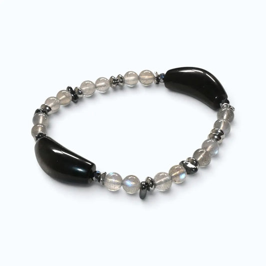 Double Silver Obsidian Charm w/  Grey Moonstone Bracelet