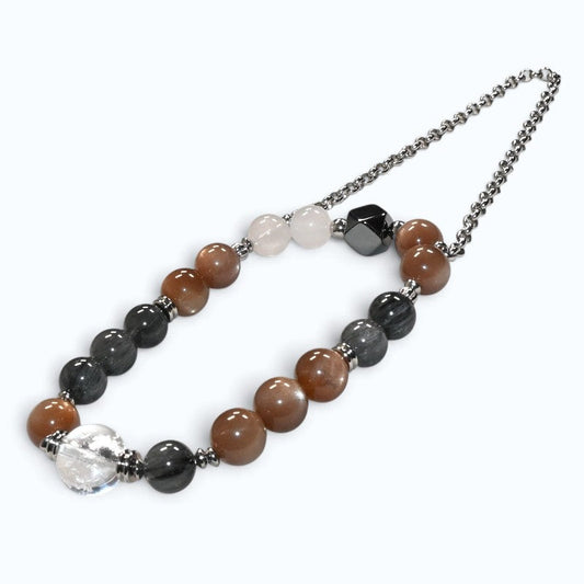 Rainbow Clear Quartz Charm + Peach Moonstone w/ Grey Rutilated Quartz Bracelet