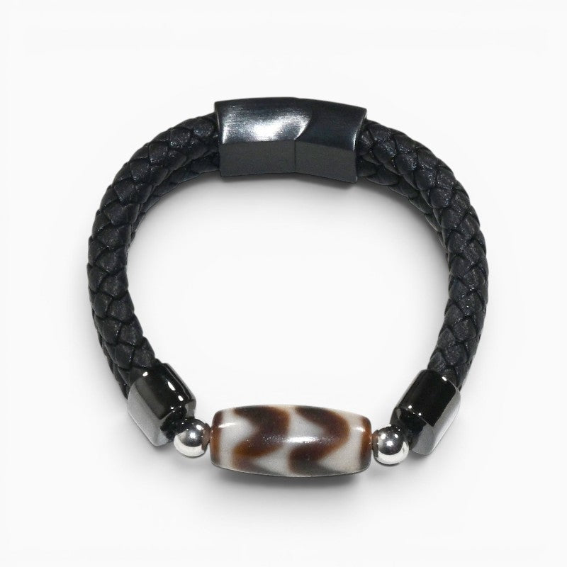 Tiger Tooth Wave Dzi Bead w/ Leather Bangle