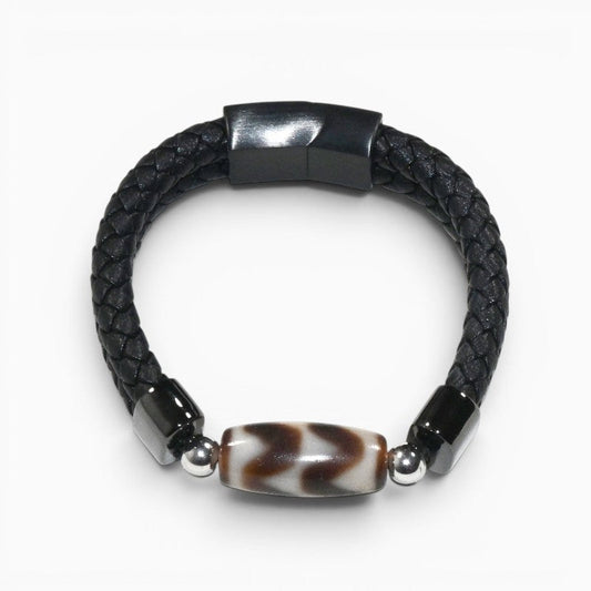 Tiger Tooth Wave Dzi Bead w/ Leather Bangle