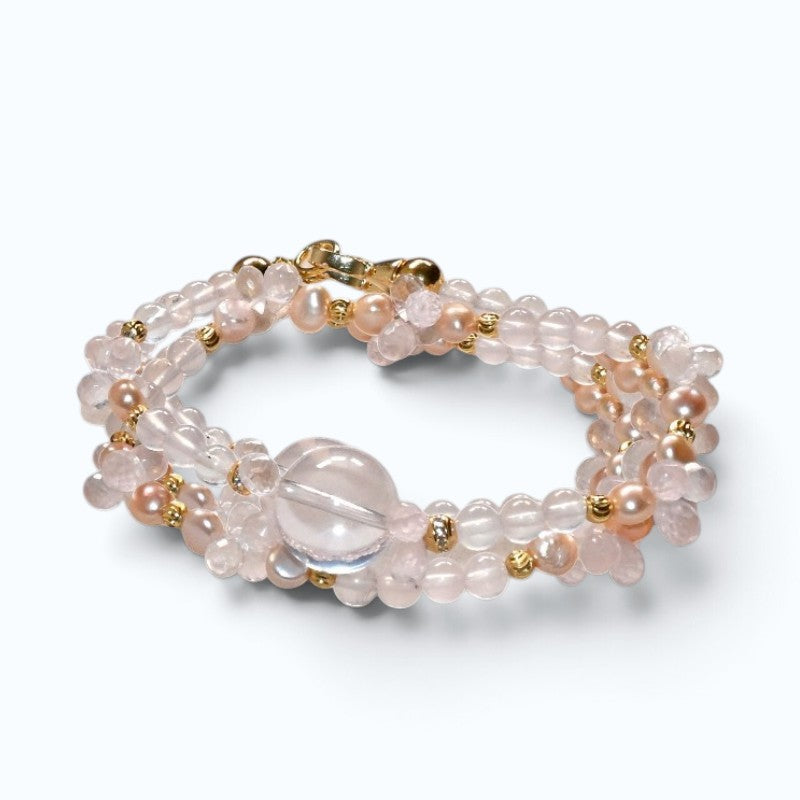 Mozambique Rose Quartz w/ Freshwater Pearl Dual- Loop Bracelet