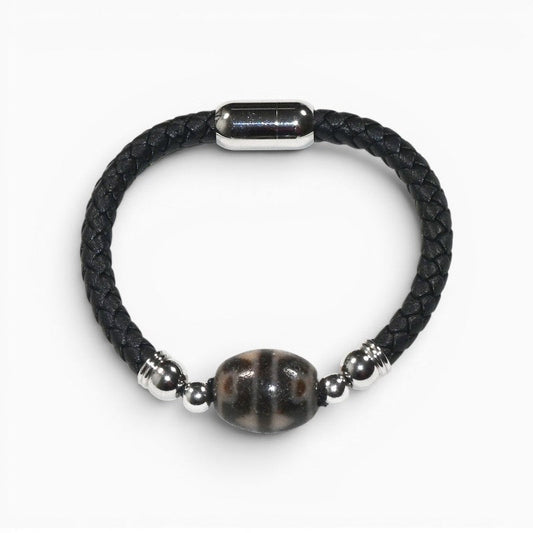 Lotus Tiger Tooth Dzi Bead w/ Leather Bangle