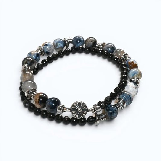 Silver Chrome Heart Charm + Pietersite w/ Hypersthene Bracelet