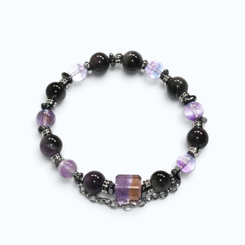 Ametrine Charm + Fluorite Pyrite w/ Eye Auralite Quartz Bracelet