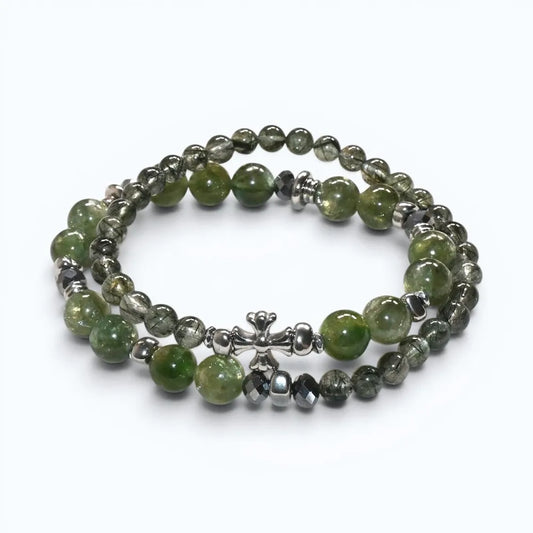 Silver Chrome Heart Cross Charm + Green Lepidolite Quartz w/ Green Rutilated Quartz Bracelet