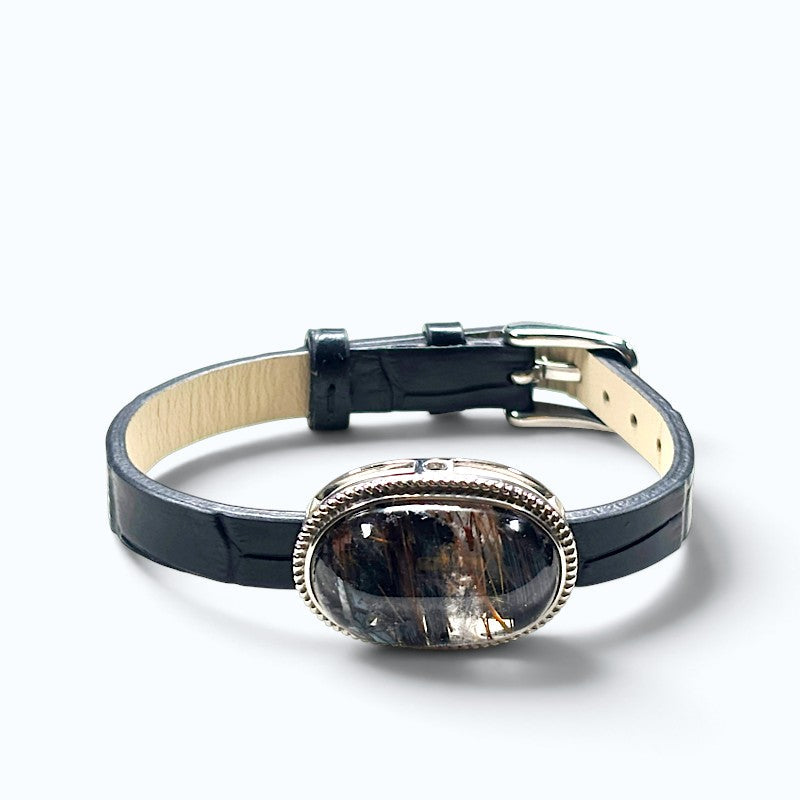 Copper Rutilated Quartz w/ Biotite Mica Leather Bracelet