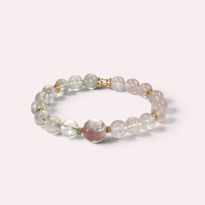 Pink Rabbit Fur Quartz Charm + Pink Azeztulite w/ White Sunstone Bracelet