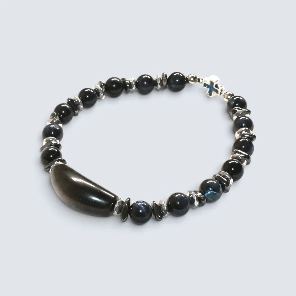 Silver Obsidian Charm w/ Blue Tiger Eye Bracelet
