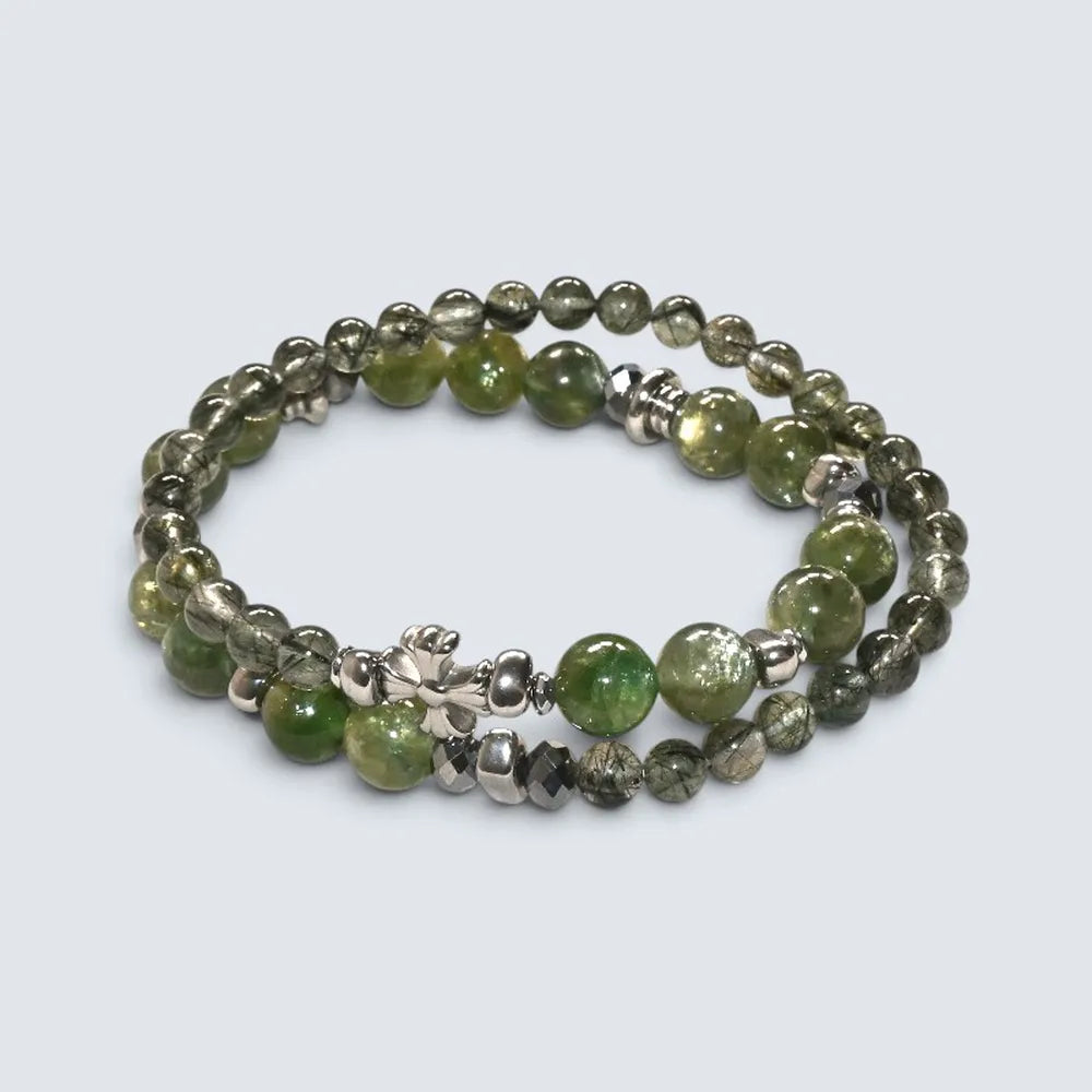 Silver Chrome Heart Cross Charm + Green Lepidolite Quartz w/ Green Rutilated Quartz Bracelet