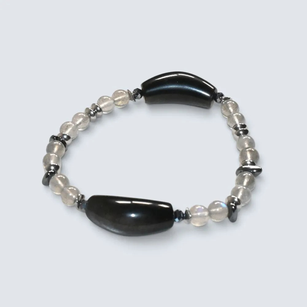 Double Silver Obsidian Charm w/  Grey Moonstone Bracelet
